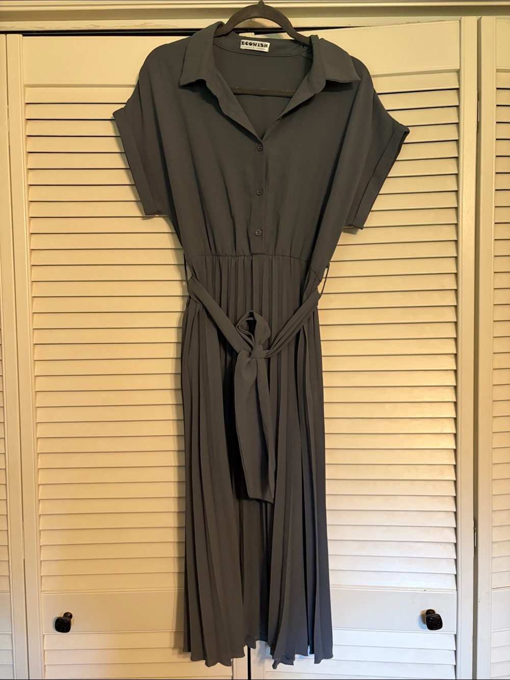 EcoWish Slate Gray Collared Pleated Dress with Waist Tie and Pockets.